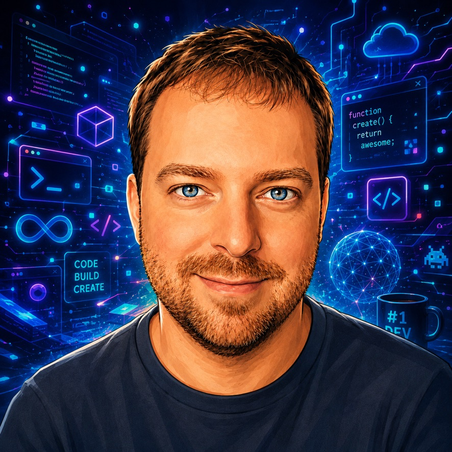 Illustrated portrait of Robert Fleming against a blue technology-inspired background