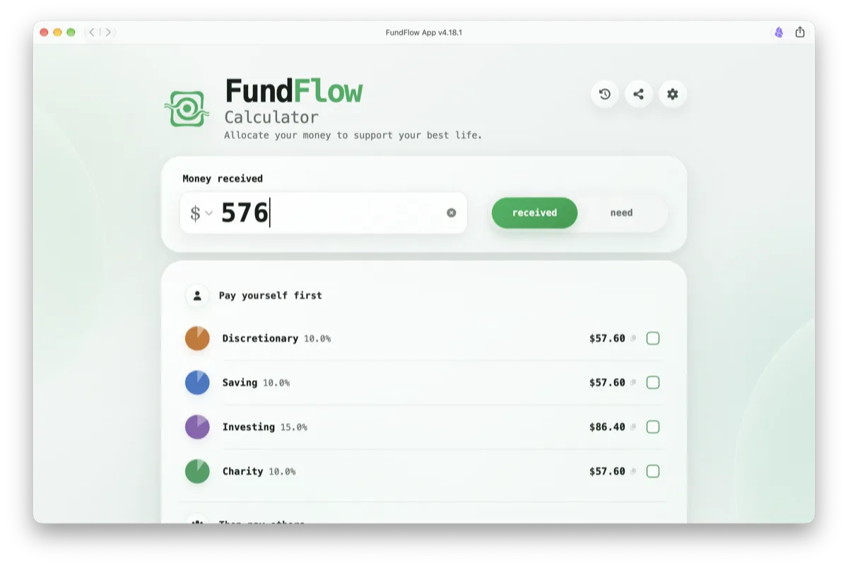 FundFlow: $576 received, split into Discretionary, Saving, Investing, and Charity with the dollar amount beside each.