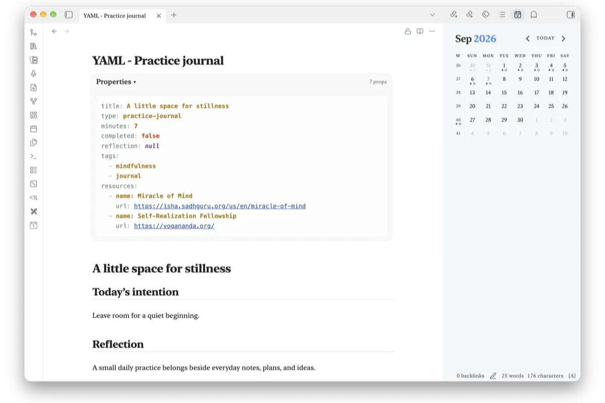 YAML Properties: a note’s properties shown as highlighted YAML with nested tags and resources.